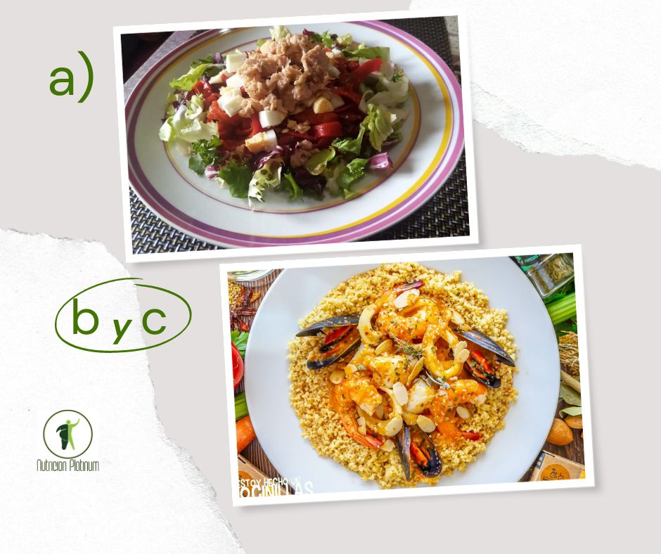 Ensalada de pimientos asados atún y huevo con cuscus con pescado y marisco siciliano